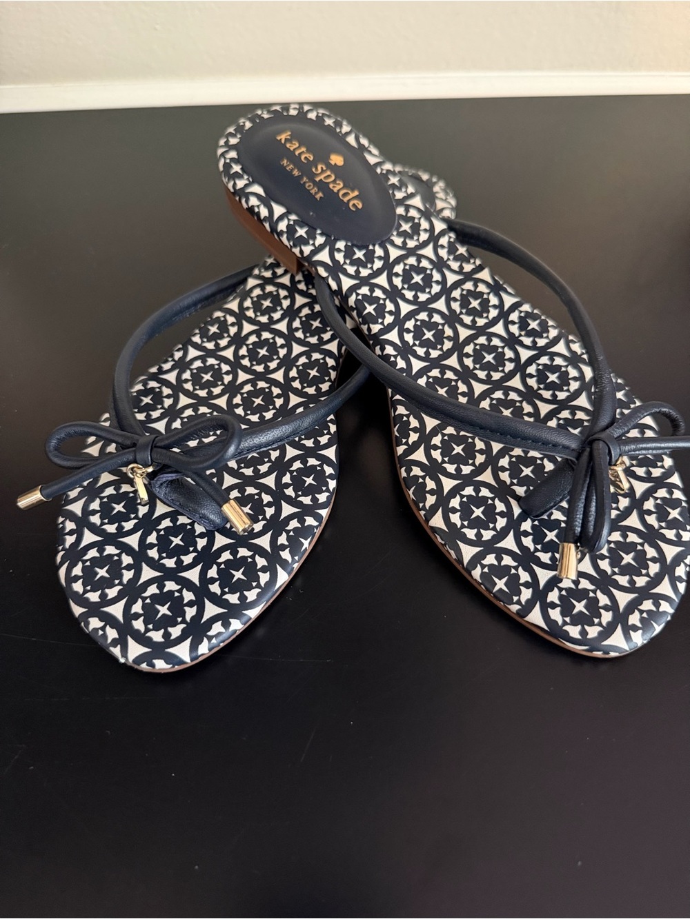 kate spade Navy and White Bow Flip Flop Sandals